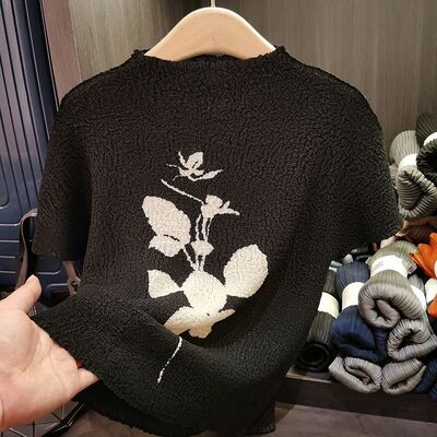 Women's Elegant Loose Half-High Collar Printed Short Sleeve T-Shirt High-End Knitted Fabric Casual Summer New Arrival