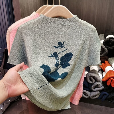 Women's Elegant Loose Half-High Collar Printed Short Sleeve T-Shirt High-End Knitted Fabric Casual Summer New Arrival