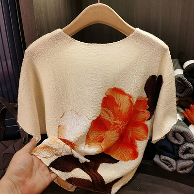 New Chinese Style Spring Elegant Neck T-Shirt Fashionable Short Sleeve Top Pleated Print Casual Loose Fit for Summer