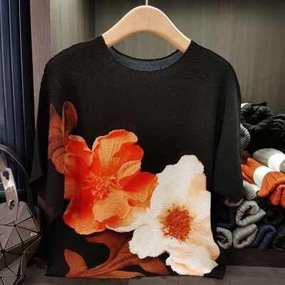 New Chinese Style Spring Elegant Neck T-Shirt Fashionable Short Sleeve Top Pleated Print Casual Loose Fit for Summer