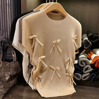 High-End Women's Summer Solid Color Short-Sleeve T-Shirt Loose Casual Jersey Sweet Bowknot Top Button Decoration Youthful Style