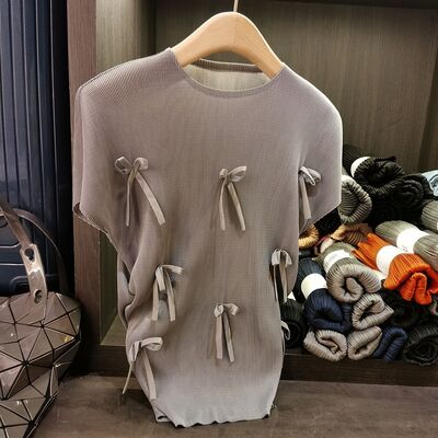 High-End Women's Summer Solid Color Short-Sleeve T-Shirt Loose Casual Jersey Sweet Bowknot Top Button Decoration Youthful Style