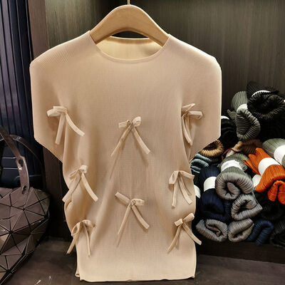 High-End Women's Summer Solid Color Short-Sleeve T-Shirt Loose Casual Jersey Sweet Bowknot Top Button Decoration Youthful Style