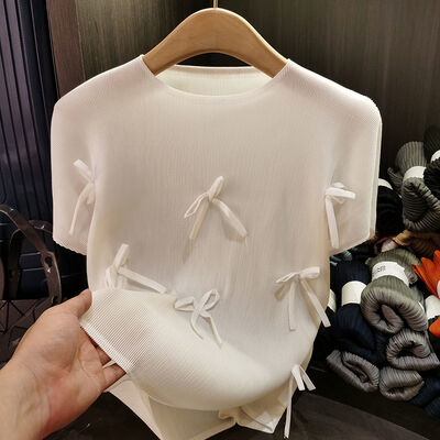 High-End Women's Summer Solid Color Short-Sleeve T-Shirt Loose Casual Jersey Sweet Bowknot Top Button Decoration Youthful Style