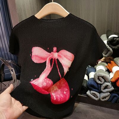 T-Shirt Cherry Print Slim Casual Round Neck Loose Versatile Ruched Top for Summer