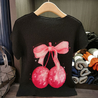 T-Shirt Cherry Print Slim Casual Round Neck Loose Versatile Ruched Top for Summer