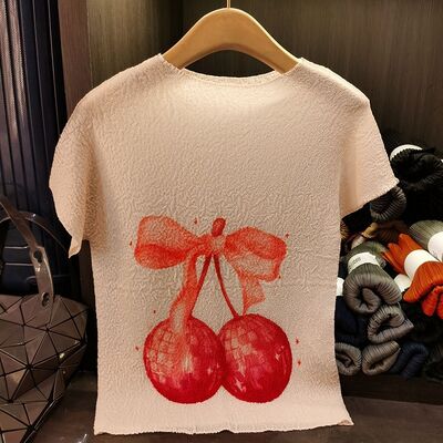 T-Shirt Cherry Print Slim Casual Round Neck Loose Versatile Ruched Top for Summer