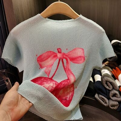 T-Shirt Cherry Print Slim Casual Round Neck Loose Versatile Ruched Top for Summer