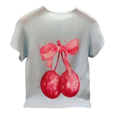 T-Shirt Cherry Print Slim Casual Round Neck Loose Versatile Ruched Top for Summer