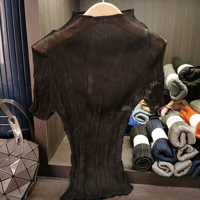 Summer New Thin Satin T-Shirt for WomenTexture High-End Casual Style Short Sleeve Half-High Collar Slightly Sheer Base