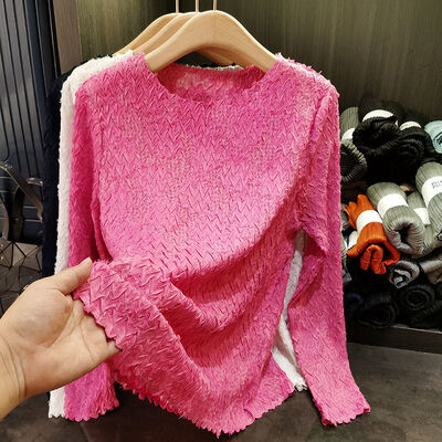 Women's Long Sleeve T-Shirt Paper Wrinkle Texture Rhinestone Heavy Craft Casual Solid French Fashion for Spring New Top