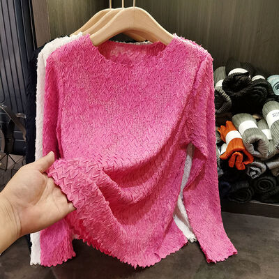 Women's Long Sleeve T-Shirt Paper Wrinkle Texture Rhinestone Heavy Craft Casual Solid French Fashion for Spring New Top