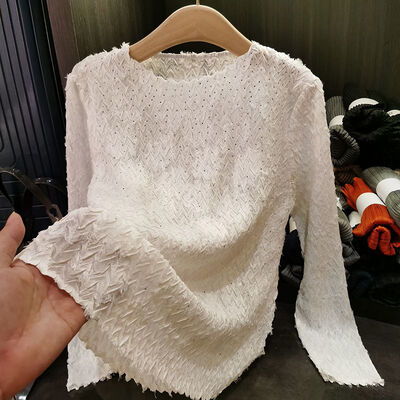 Women's Long Sleeve T-Shirt Paper Wrinkle Texture Rhinestone Heavy Craft Casual Solid French Fashion for Spring New Top