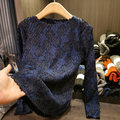 Women's Long Sleeve T-Shirt Paper Wrinkle Texture Rhinestone Heavy Craft Casual Solid French Fashion for Spring New Top