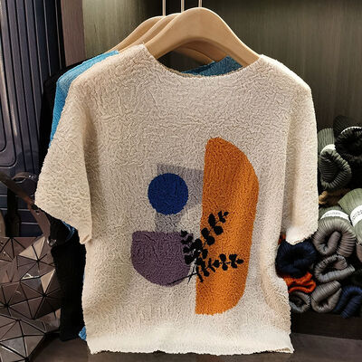 Women's French Style Short-Sleeved Printed T-Shirt  Casual Versatile Top Large Size Knitted Summer