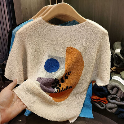 Women's French Style Short-Sleeved Printed T-Shirt  Casual Versatile Top Large Size Knitted Summer