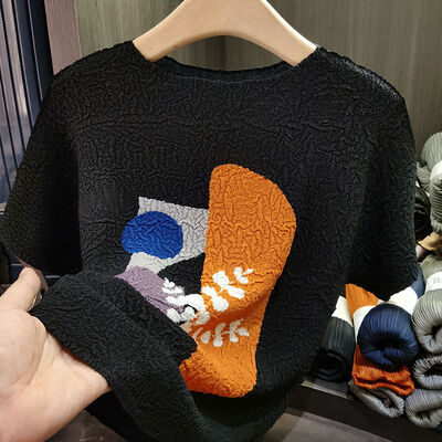 Women's French Style Short-Sleeved Printed T-Shirt  Casual Versatile Top Large Size Knitted Summer