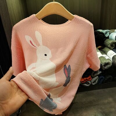 Women's High-End Elegant Short Casual Style Printed Rabbit T-Shirt Summer New Loose Slimming Plus Size Knitted Digital Printing