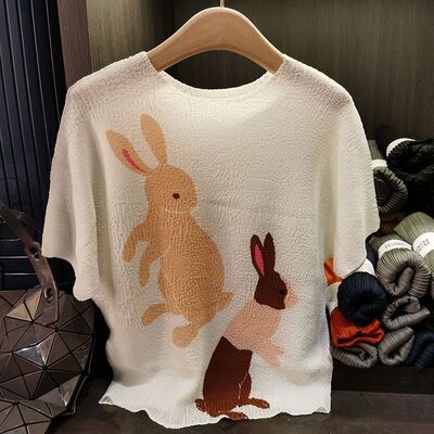 Women's High-End Elegant Short Casual Style Printed Rabbit T-Shirt Summer New Loose Slimming Plus Size Knitted Digital Printing