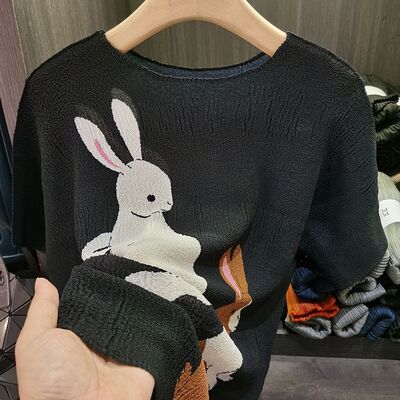 Women's High-End Elegant Short Casual Style Printed Rabbit T-Shirt Summer New Loose Slimming Plus Size Knitted Digital Printing