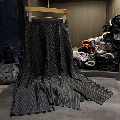 High-End Solid Color Elastic Pleated Chiffon A-Line Skirt Autumn New Natural High-Waisted Casual Slimming Mid-Length