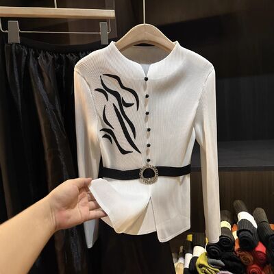 Autumn New Fashion Casual Set High-End European American Solid Color Knitting Printed Pleated Long-Sleeved Top Elastic Waist