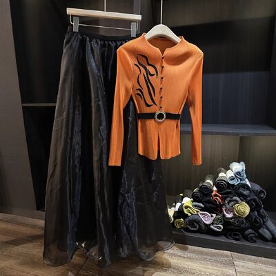 Autumn New Fashion Casual Set High-End European American Solid Color Knitting Printed Pleated Long-Sleeved Top Elastic Waist