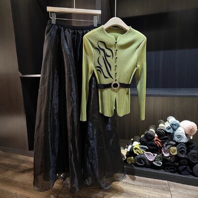 Autumn New Fashion Casual Set High-End European American Solid Color Knitting Printed Pleated Long-Sleeved Top Elastic Waist