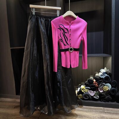 Autumn New Fashion Casual Set High-End European American Solid Color Knitting Printed Pleated Long-Sleeved Top Elastic Waist