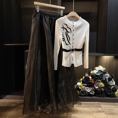 Autumn New Fashion Casual Set High-End European American Solid Color Knitting Printed Pleated Long-Sleeved Top Elastic Waist