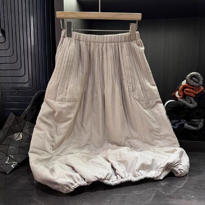 Autumn New Satin Natural Waist Pleated Solid Color Thickened A-line Midi Skirt Women Elegant Slimming Versatile