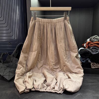 Autumn New Satin Natural Waist Pleated Solid Color Thickened A-line Midi Skirt Women Elegant Slimming Versatile