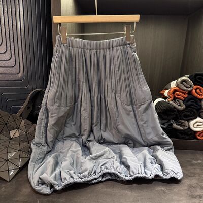 Autumn New Satin Natural Waist Pleated Solid Color Thickened A-line Midi Skirt Women Elegant Slimming Versatile