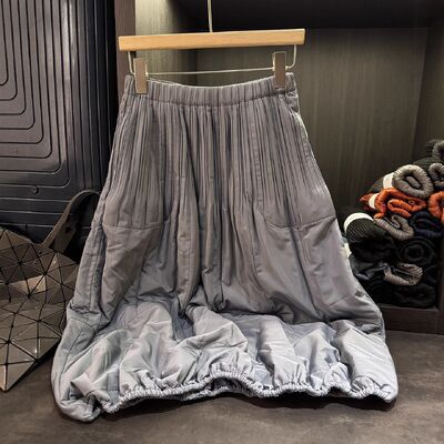 Autumn New Satin Natural Waist Pleated Solid Color Thickened A-line Midi Skirt Women Elegant Slimming Versatile