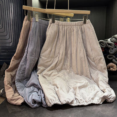 Autumn New Satin Natural Waist Pleated Solid Color Thickened A-line Midi Skirt Women Elegant Slimming Versatile