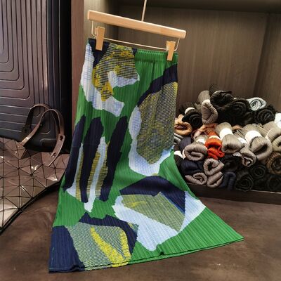 Summer Retro Women's Mid-Length Skirt Simple Versatile Elastic Waist Casual Mid-Length Printed Skirt Contrasting Pleats for