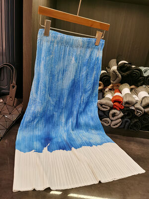 Women's High-Grade A-Line Midi Skirt Blue White Ink Contrast Printed Casual Summer Temperament All-Match Thin Blue White A- Line