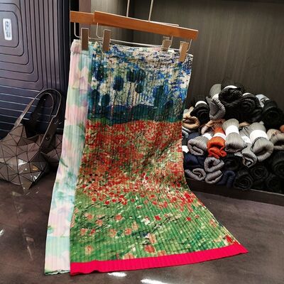 Niche Fashion High-End Mid-Length Skirt Floral Pleated Slimming Elastic Waist Casual Style Versatile for Spring and Summer