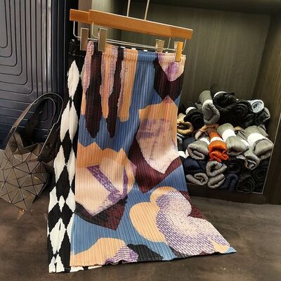 High-End Spring Summer A-Line Skirt New Style Pleated Colorful Printed Elegant Versatile Slimming Look Elastic Waist Chiffon