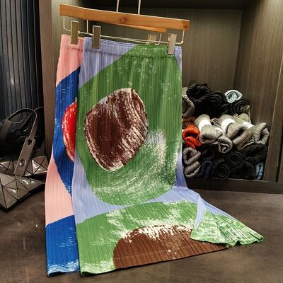 Elegant Simple Summer Skirt New Pleated Geometric Print Contrasting Colors Slimming High Waist Flared Casual Natural