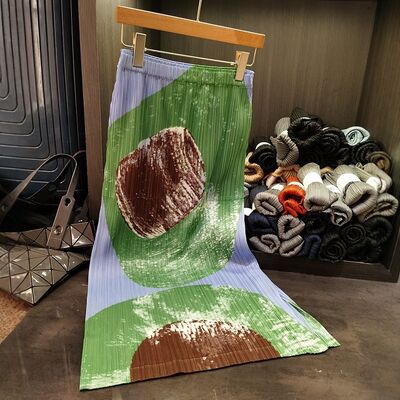 Elegant Simple Summer Skirt New Pleated Geometric Print Contrasting Colors Slimming High Waist Flared Casual Natural