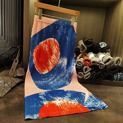 Elegant Simple Summer Skirt New Pleated Geometric Print Contrasting Colors Slimming High Waist Flared Casual Natural