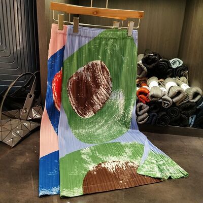 Elegant Simple Summer Skirt New Pleated Geometric Print Contrasting Colors Slimming High Waist Flared Casual Natural