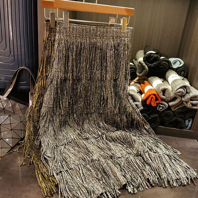 Women's Breathable Chiffon Midi Skirt Summer A-Line Tassels Shiny Gold Stamped Pleated Casual Digital Print Natural