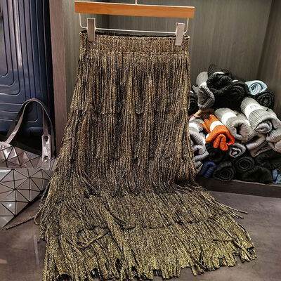 Women's Breathable Chiffon Midi Skirt Summer A-Line Tassels Shiny Gold Stamped Pleated Casual Digital Print Natural