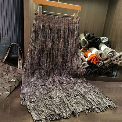 Women's Breathable Chiffon Midi Skirt Summer A-Line Tassels Shiny Gold Stamped Pleated Casual Digital Print Natural