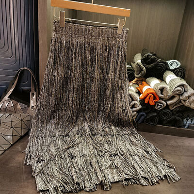 Women's Breathable Chiffon Midi Skirt Summer A-Line Tassels Shiny Gold Stamped Pleated Casual Digital Print Natural