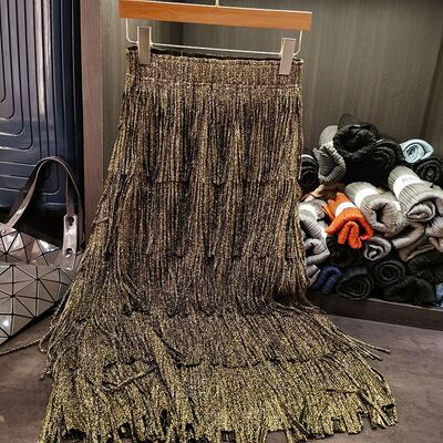 Women's Breathable Chiffon Midi Skirt Summer A-Line Tassels Shiny Gold Stamped Pleated Casual Digital Print Natural