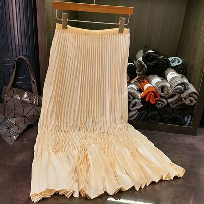 Women's New Style Casual Pleated Skirt Solid Color Simple Design with Elastic Waist for Commuting for Summer