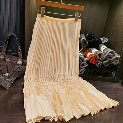 Women's New Style Casual Pleated Skirt Solid Color Simple Design with Elastic Waist for Commuting for Summer